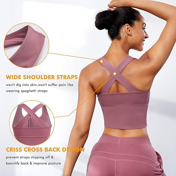 GLAMORAS Women’s High Impact Sports Bra – Polyester Spandex, Front Zip, Longline Fitness Crop Top with Criss Cross Back
